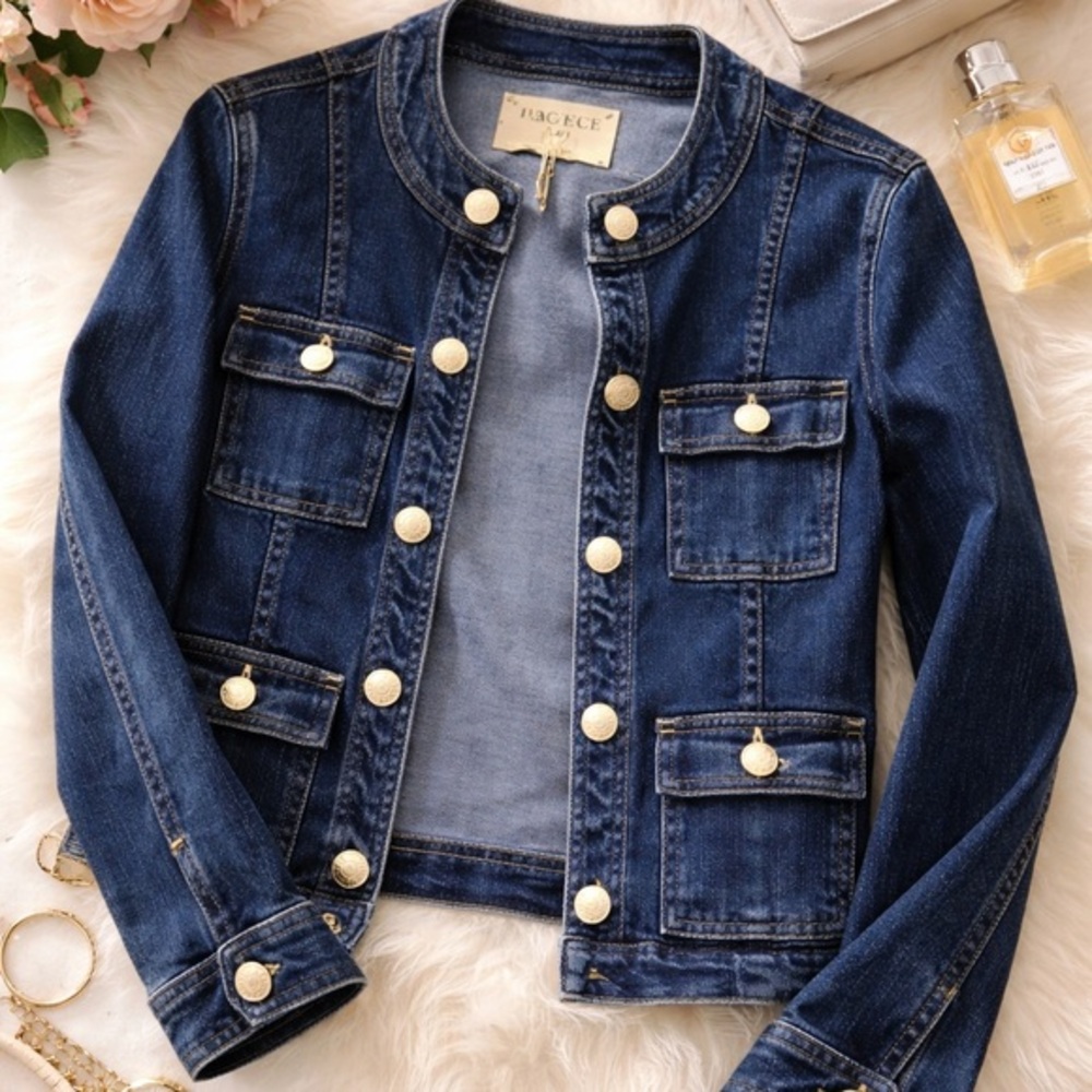 L’AGENCE Dark Wash Denim Jacket silver  Button Designer Jacket NWT Large